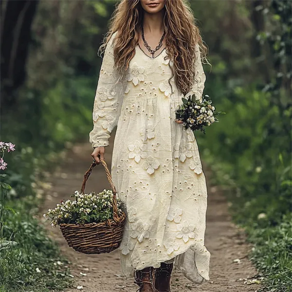Cottage 3d Floral Embroidery Lace Linen Blend Maxi Dress