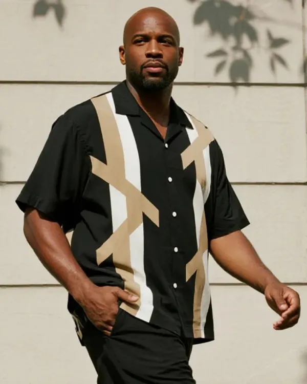 Big & Tall Men's Business Geometric Print Short Sleeve Shirt and Pants Suit