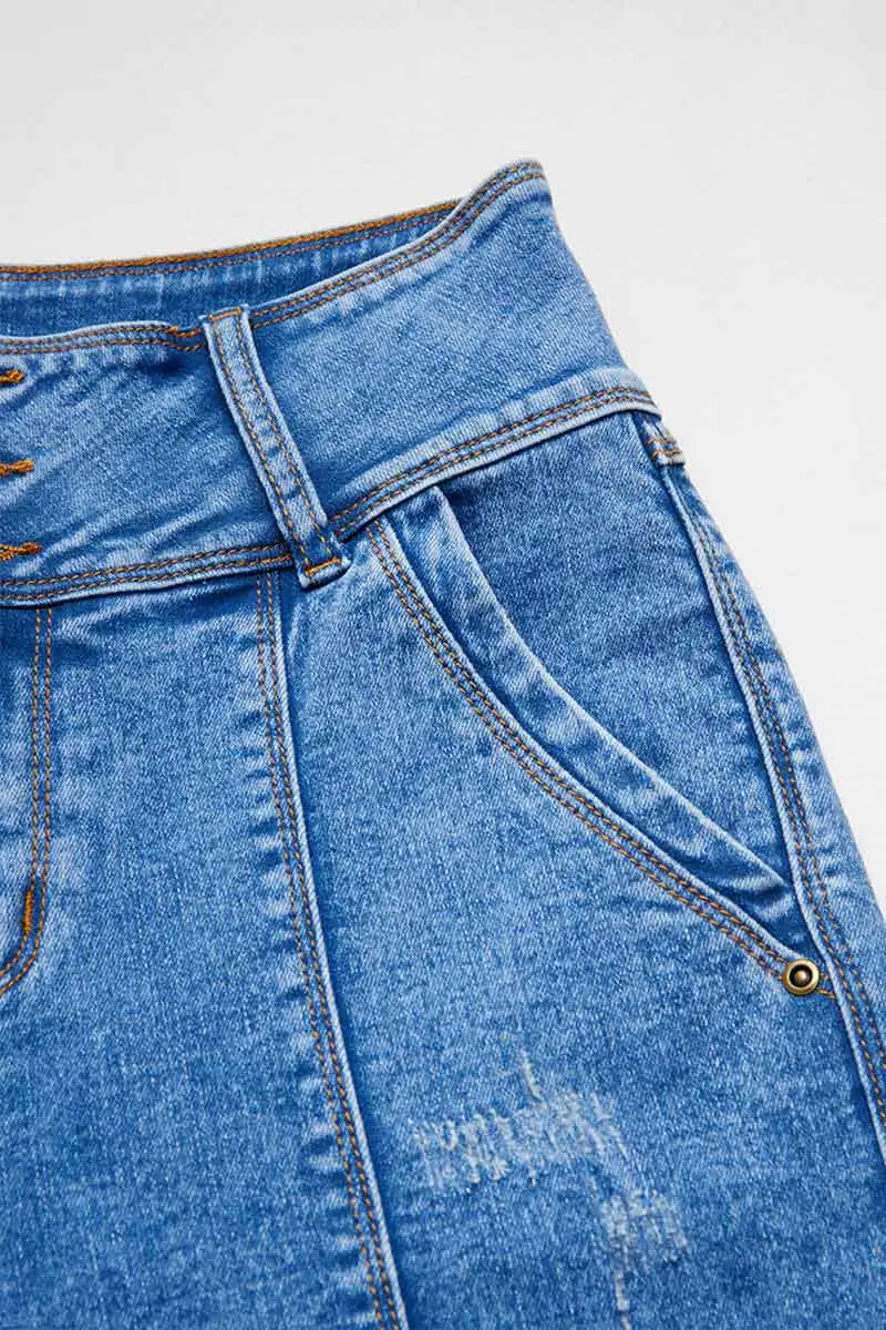 Wash Seam Front Button Fly High Rise Denim Bermuda Shorts