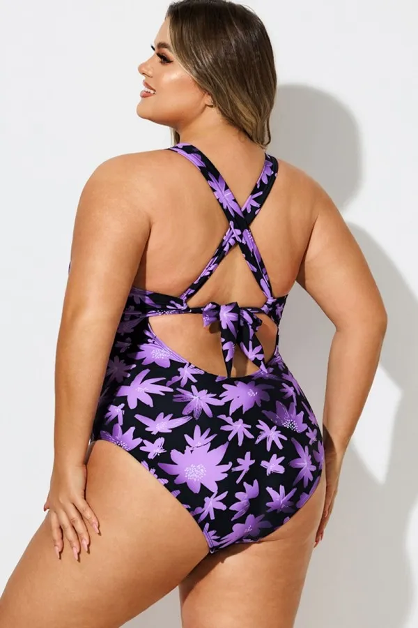 Floral Print Front Line Open Back One Piece Swimsuit