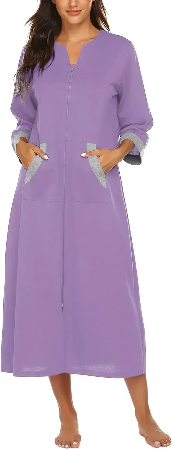 Women Zipper Robe 3/4 Sleeves Loungewear Dress Full Length Sleepwear Pockets Housecoat Nightgown Long Bathrobe