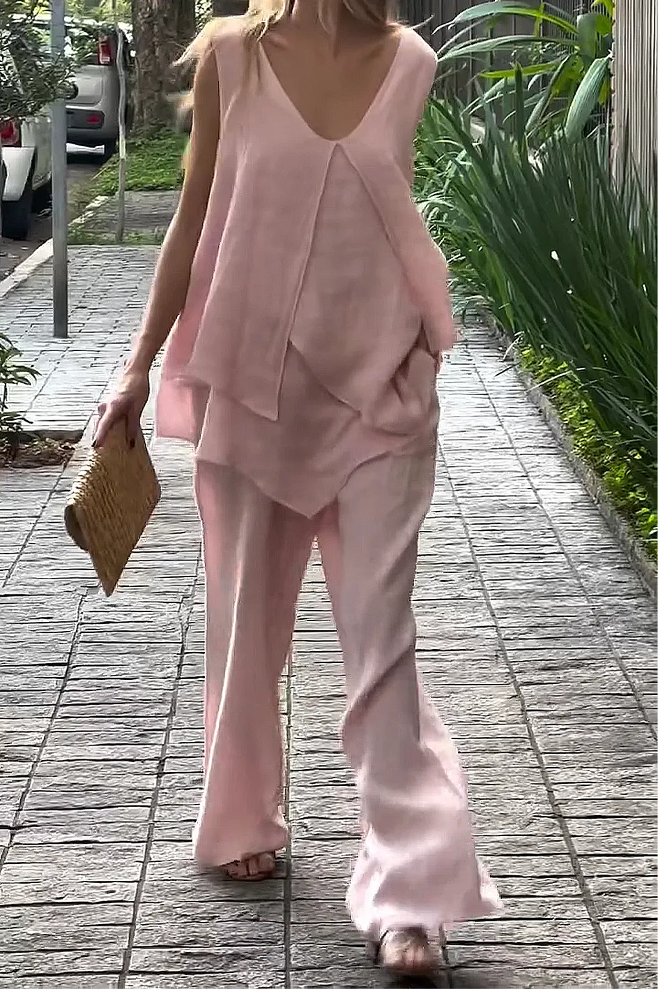 Women'S Solid Color Cotton And Linen Casual Top And Pants Two-Piece Set