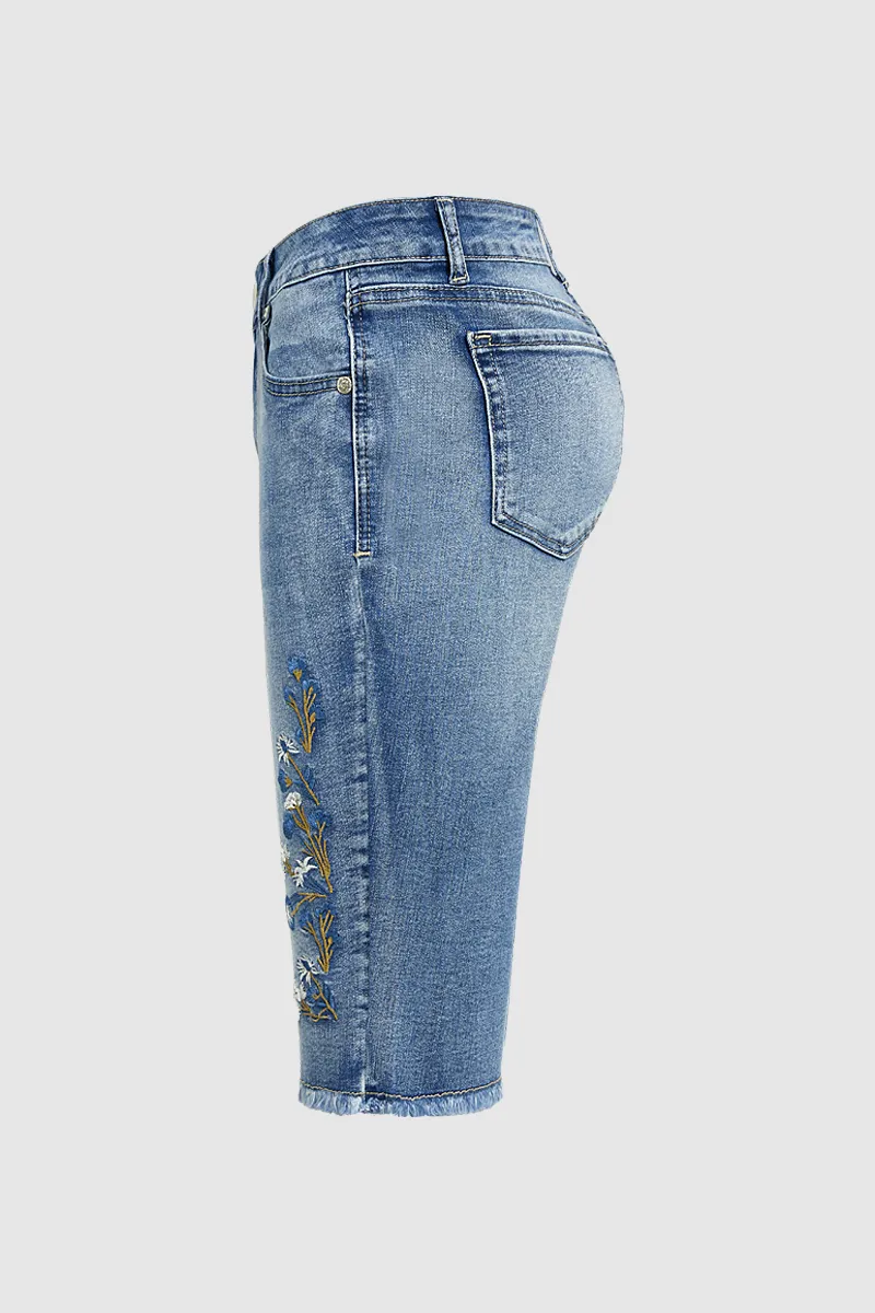 Floral Embroidery Raw Hem Mid Rise Denim Bermuda Shorts