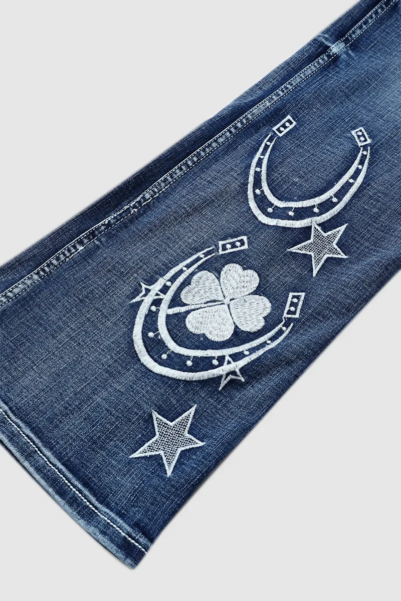 Star & Moon Pattern Double Button Mid Rise Flare Jeans