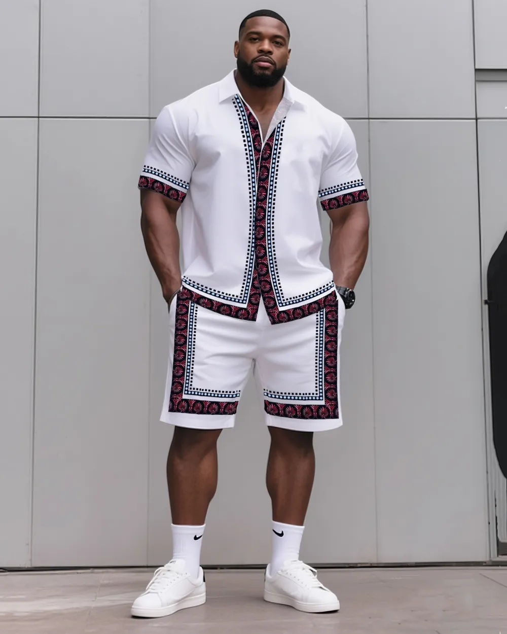 Big & Tall Men'S Daily Leisure. Shirt Side Retro Versatile Print Shirt Shorts Suit