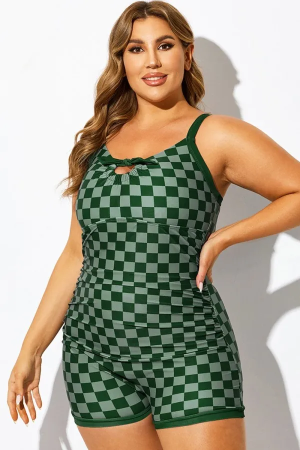 Green Check Colorblock One Piece Swimsuit