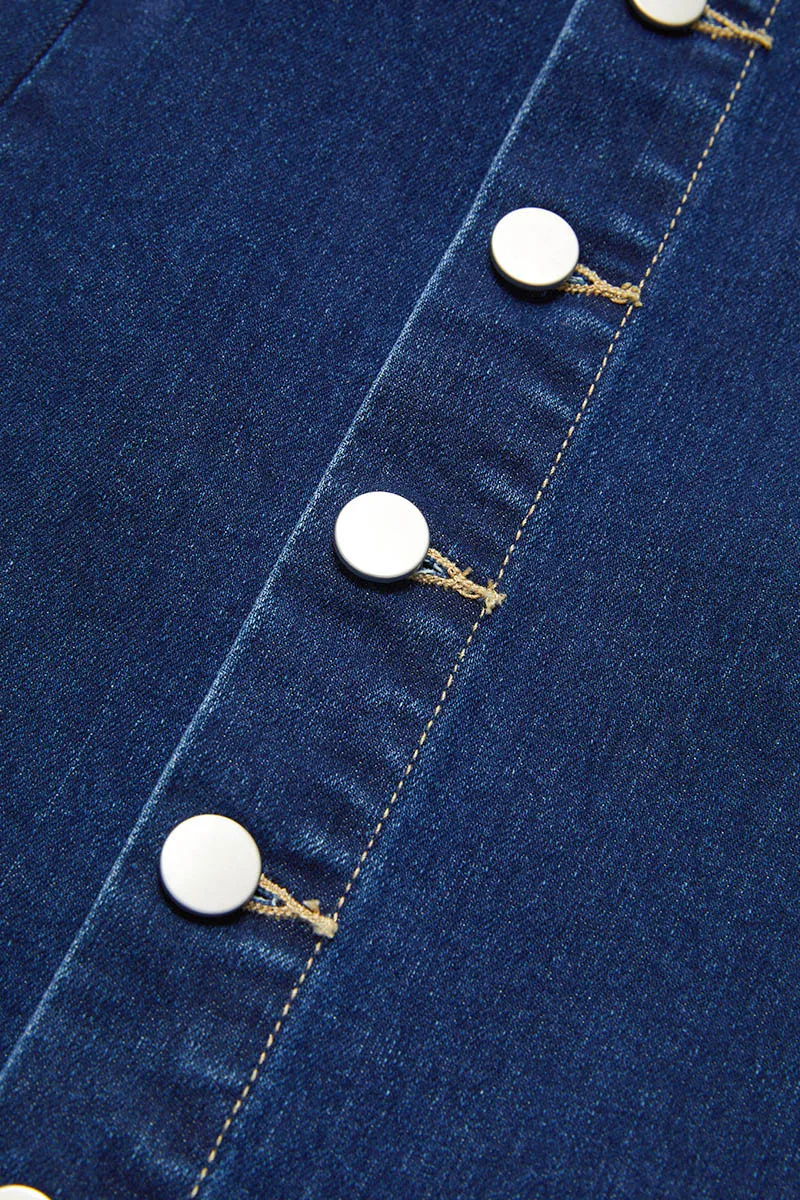 Button Fly Split Mid Waist Midi Denim Skirt