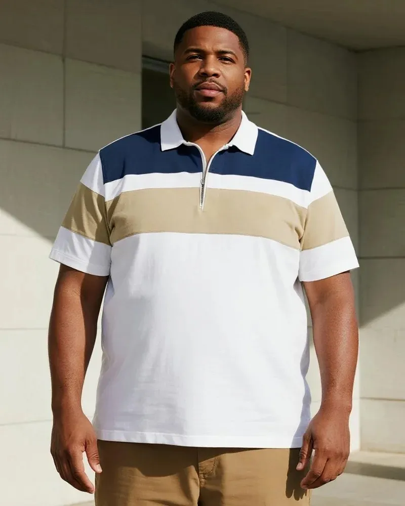 Big & Tall Men's Color Block Short Sleeve Zipper Polo Shirt