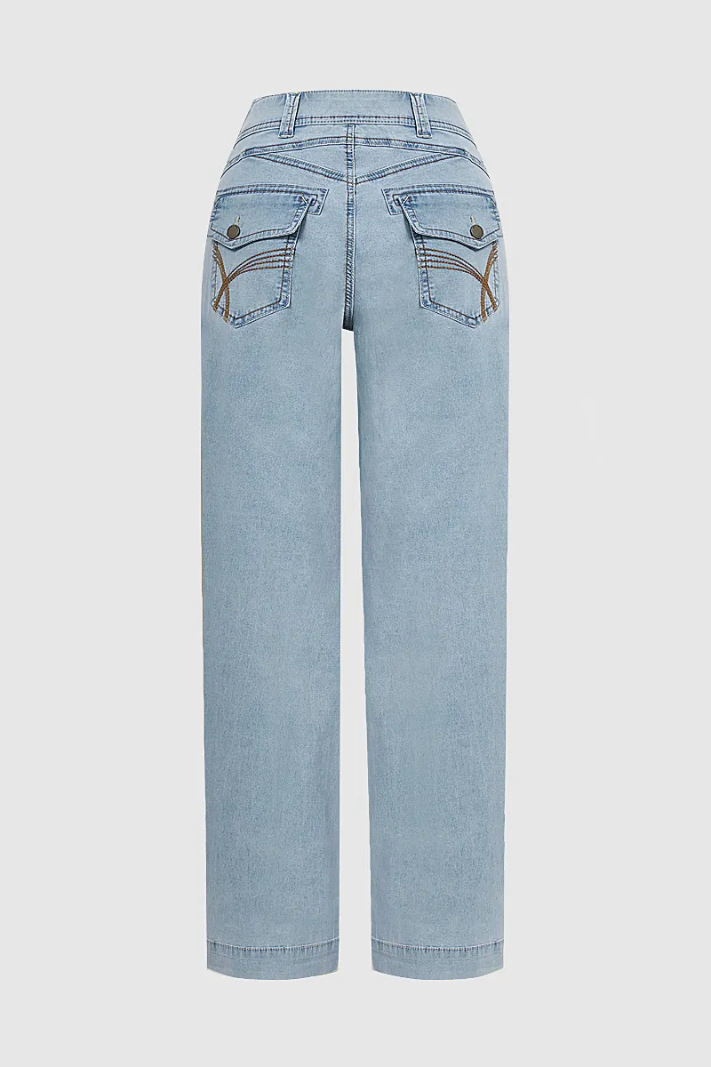 Stitch Detail Stretchy Low Waist Straight Leg Jeans
