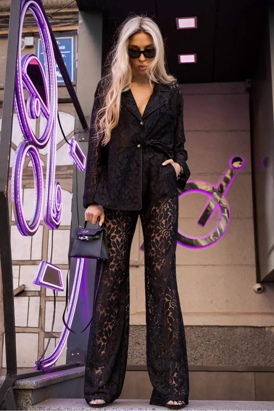 Women'S Fashion Leopard Lace Hollow Casual Top And Pants Two-Piece Set