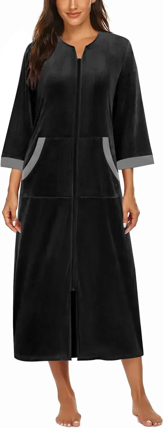Women Zipper Robe 3/4 Sleeves Loungewear Dress Full Length Sleepwear Pockets Housecoat Nightgown Long Bathrobe