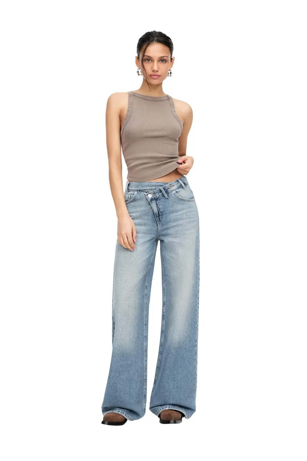 Jeans wide leg cintura cruzada