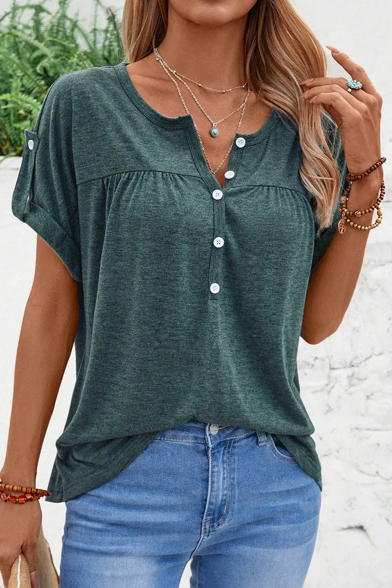 Half Placket Ruched Detail Roll Tab Sleeve T-Shirt