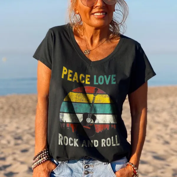 Peace Love Rock And Roll Guitar Printed Graphic Tees