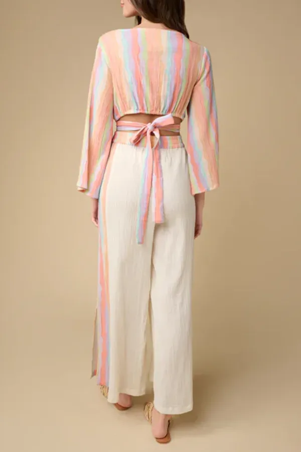 White And Pastel colored One Shoulder Crop Top And Maxi Skirt Set