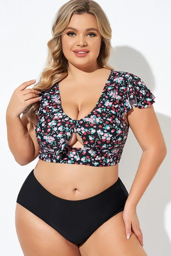 Classic Floral Print Knot Front Women Bikini Top