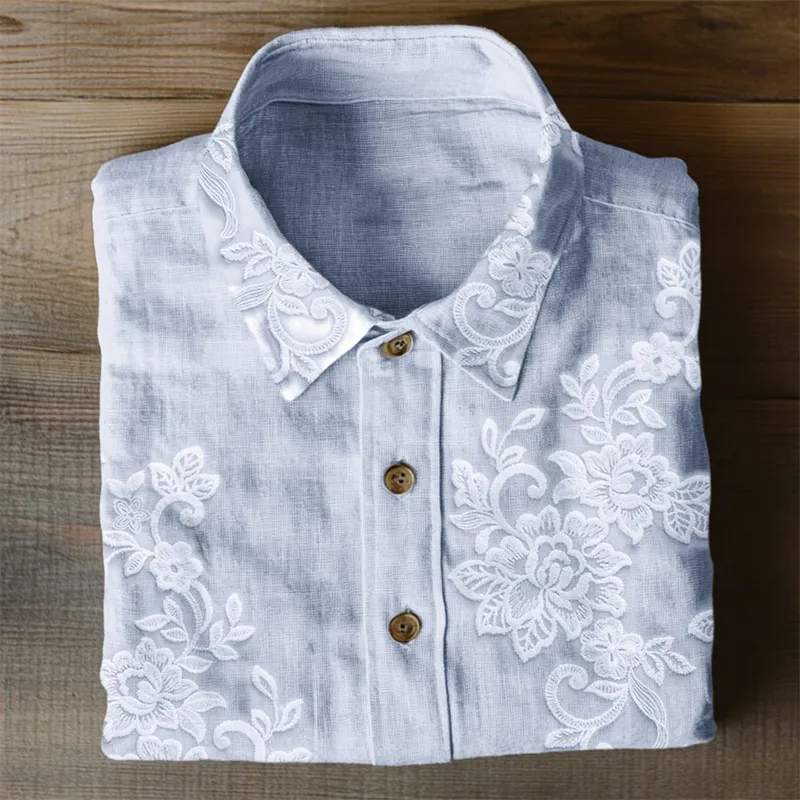 Classy Floral Embroidered Lace Linen Blend Blouse