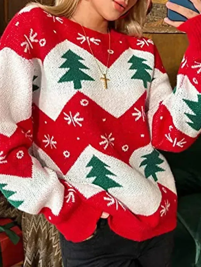Women's Ugly Christmas Sweater Pullover Sweater Jumper Crew Neck Ribbed Knit Polyester Oversized Fall Winter Xmas Daily Going out Stylish Casual Soft Long Sleeve Color Block Christmas Tree Red S