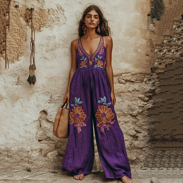 Vintage Floral Embroidered Pattern Linen Blend Loose Casual Jumpsuit
