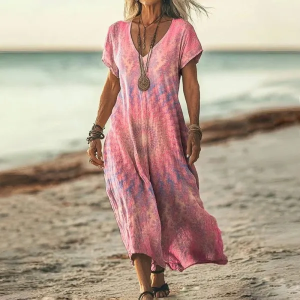 Vintage Gradient Art Pattern Linen Blend V-neck Loose Midi Dress
