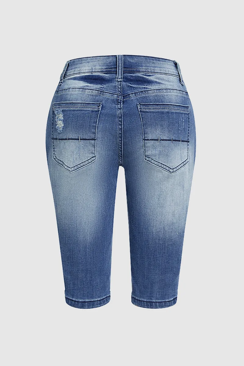 Wash Cut Out Low Waist Denim Bermuda Shorts