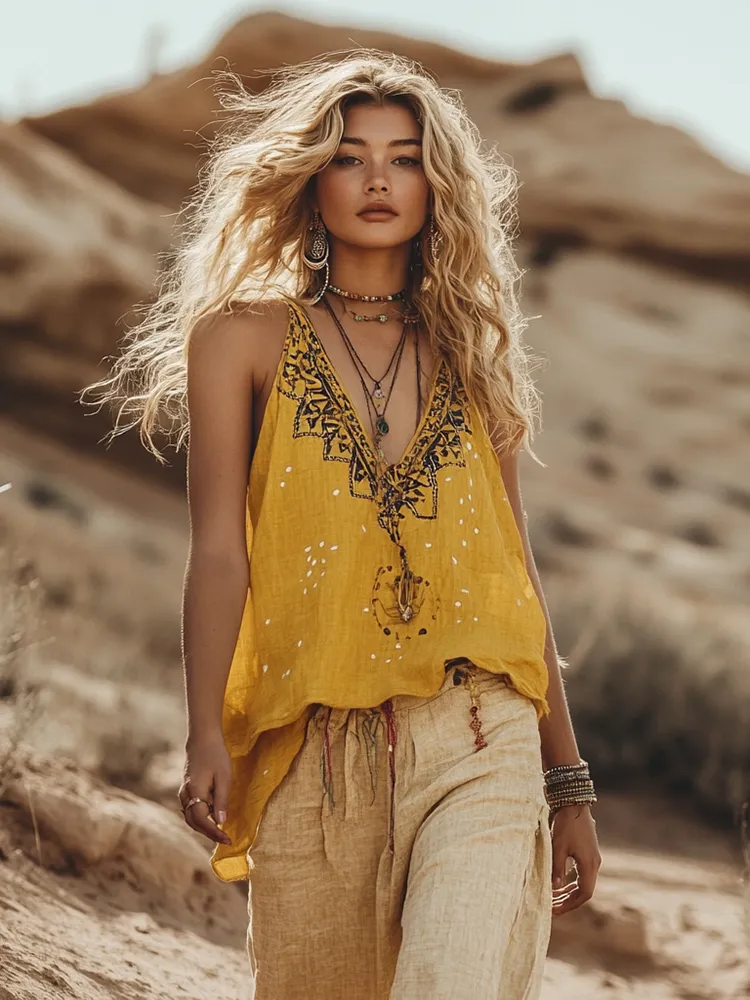 Women's Bohemia Ethnic Style Linen V-neek Sleeveless Top