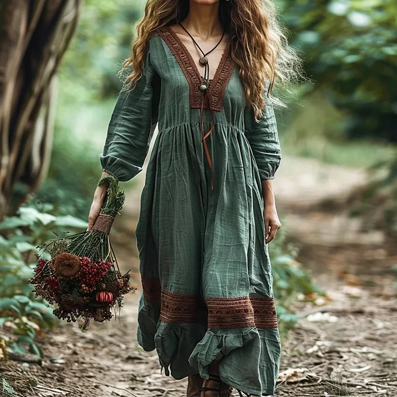 Women's Boho Linen Blend Ethnic Midi Dress