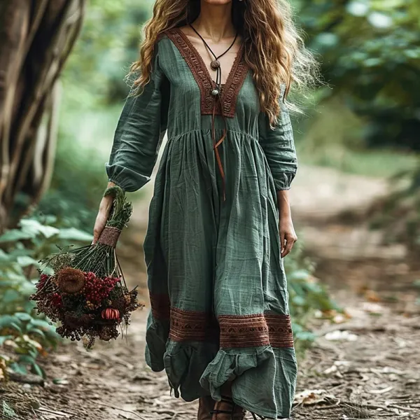 Women's Boho Linen Blend Ethnic Midi Dress