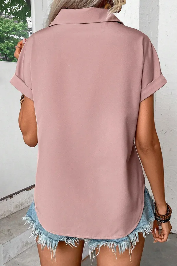 Solid Pleated Dual Pocket Short Sleeve Shirt