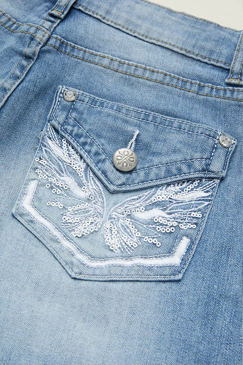 Embroidery Ripped Raw Hem Button Fly Mid Rise Denim Shorts