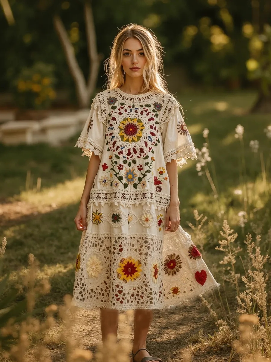 Women's Retro Lace Flowers Embroidery Art Midi Dress