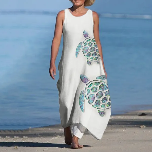 Sea Turtles Tie Dye Patchwork Linen Blend Flowy Dress