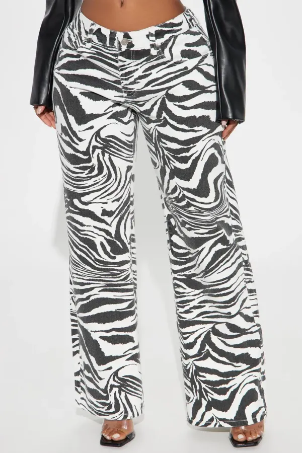 Untamed Zebra Printed Wide Leg Jeans - Black/White