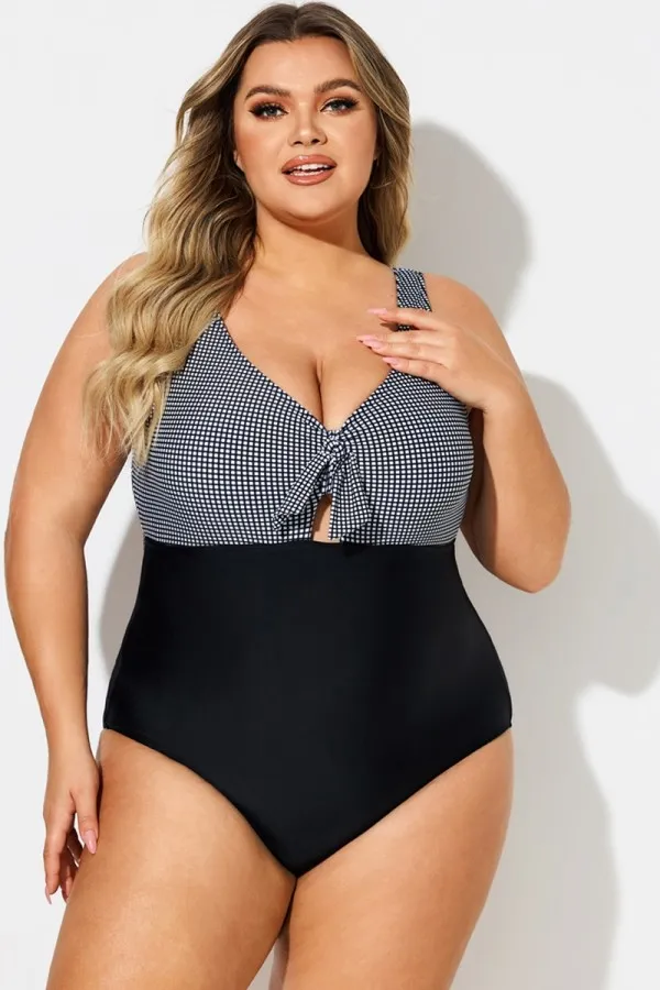 Black Checkers Front Knot One Piece Swimsuit