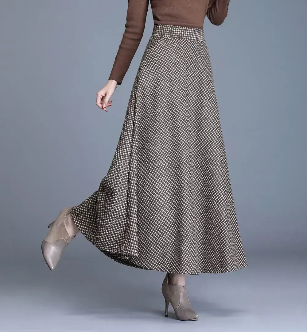 Women's Winter Elegant Warm Long Skirt Wool Maxi Skirts Elastic Waist A-Line High Waist Plaid Pleated Skirt S-3XL