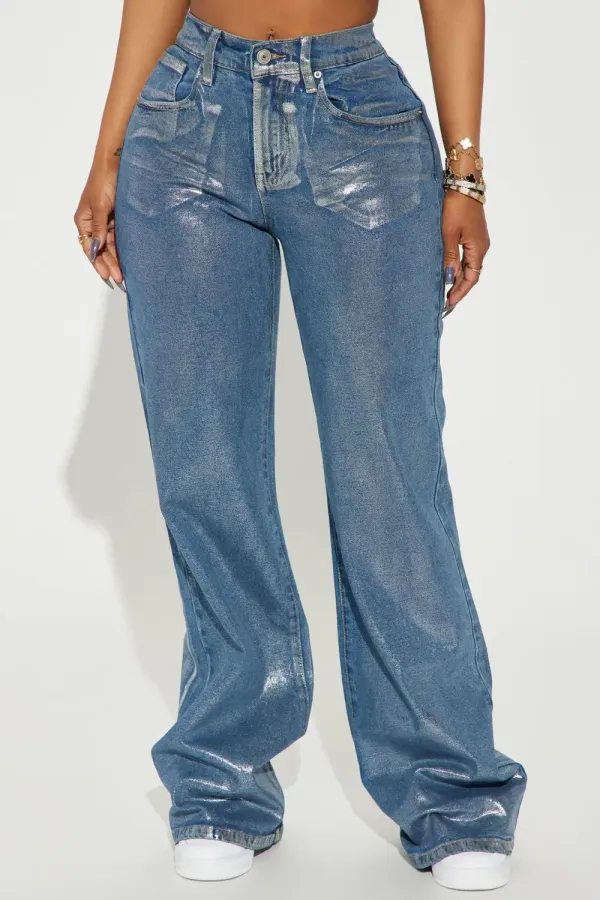 Cold As Ice Foil Print Baggy Jeans - Silver