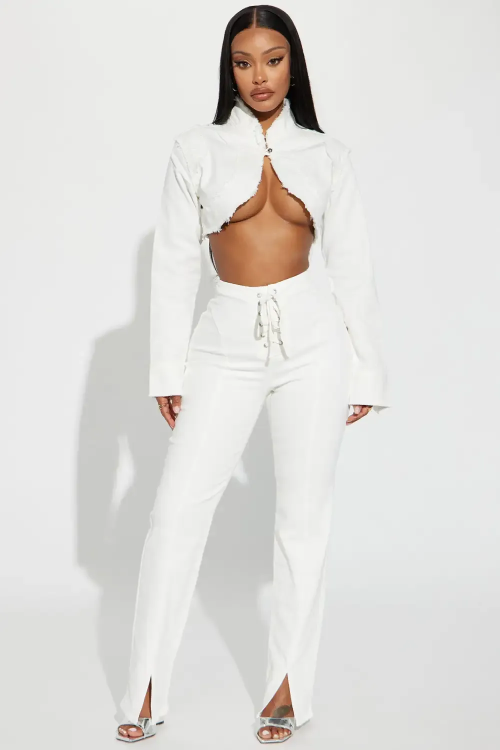 No Excuse Y2K Frayed Denim Bolero Jacket - White