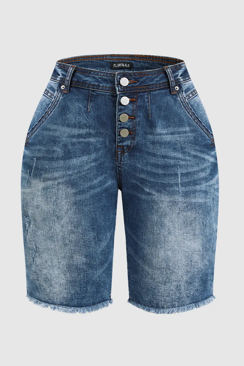 Button Fly Raw Hem Mid Waist Denim Mid Thigh Shorts