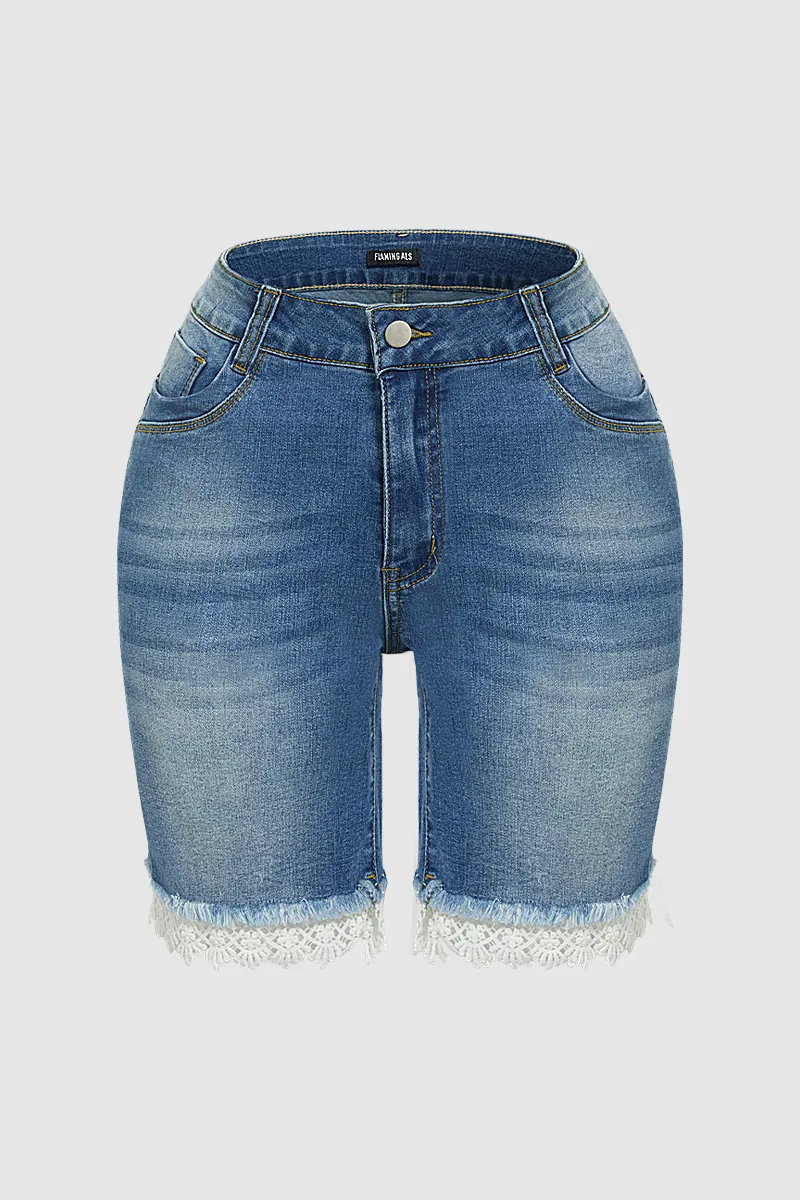 Lace Trim Raw Hem Mid Waist Denim Mid Thigh Shorts