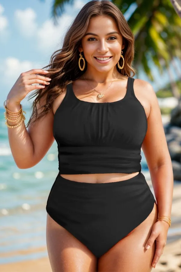 Plus Size Solid Black Crop Bikini Top