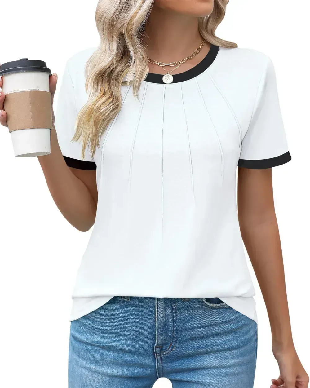 Kistore Womens Casual Crew Neck Short Sleeve Pleated Tops Blouses Fashion Clothes 2024