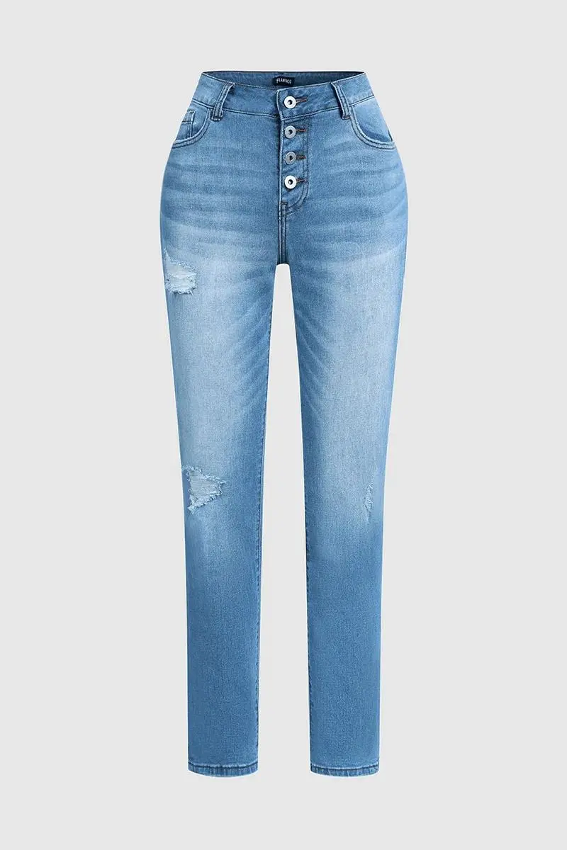 Wash Cut Out Button Fly Mid Waist Skinny Jeans