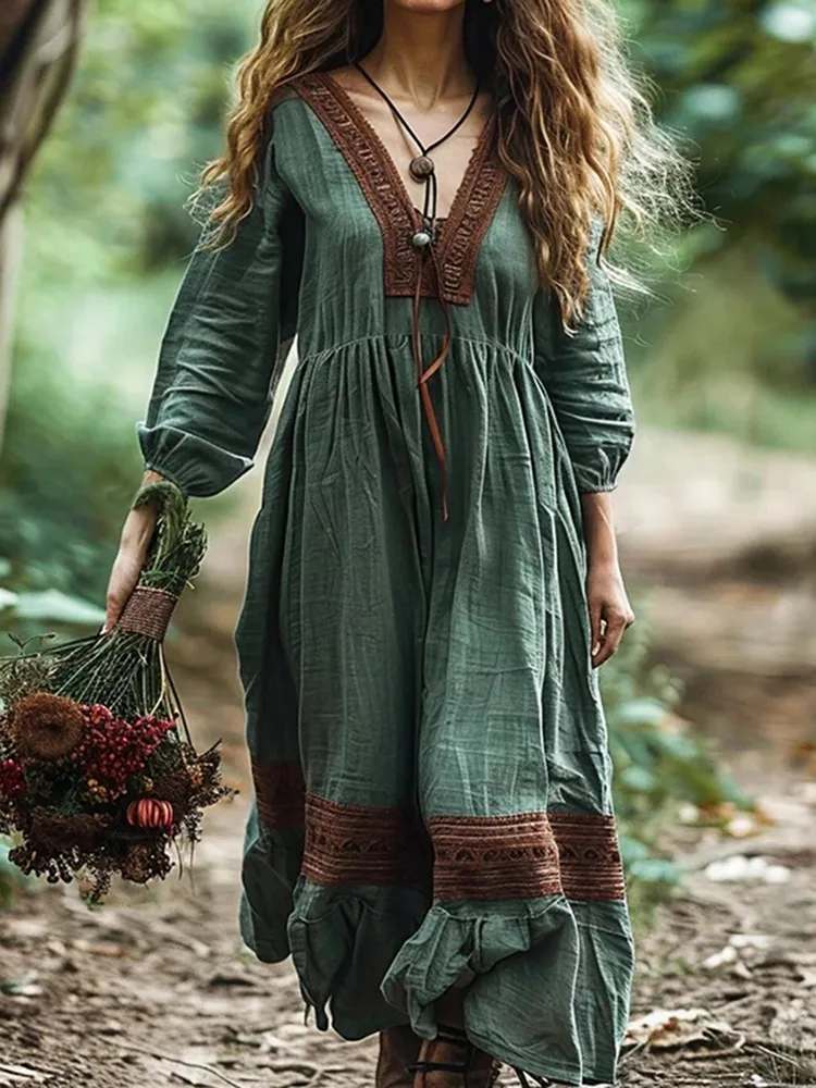 Women's Boho Linen Blend Ethnic Midi Dress