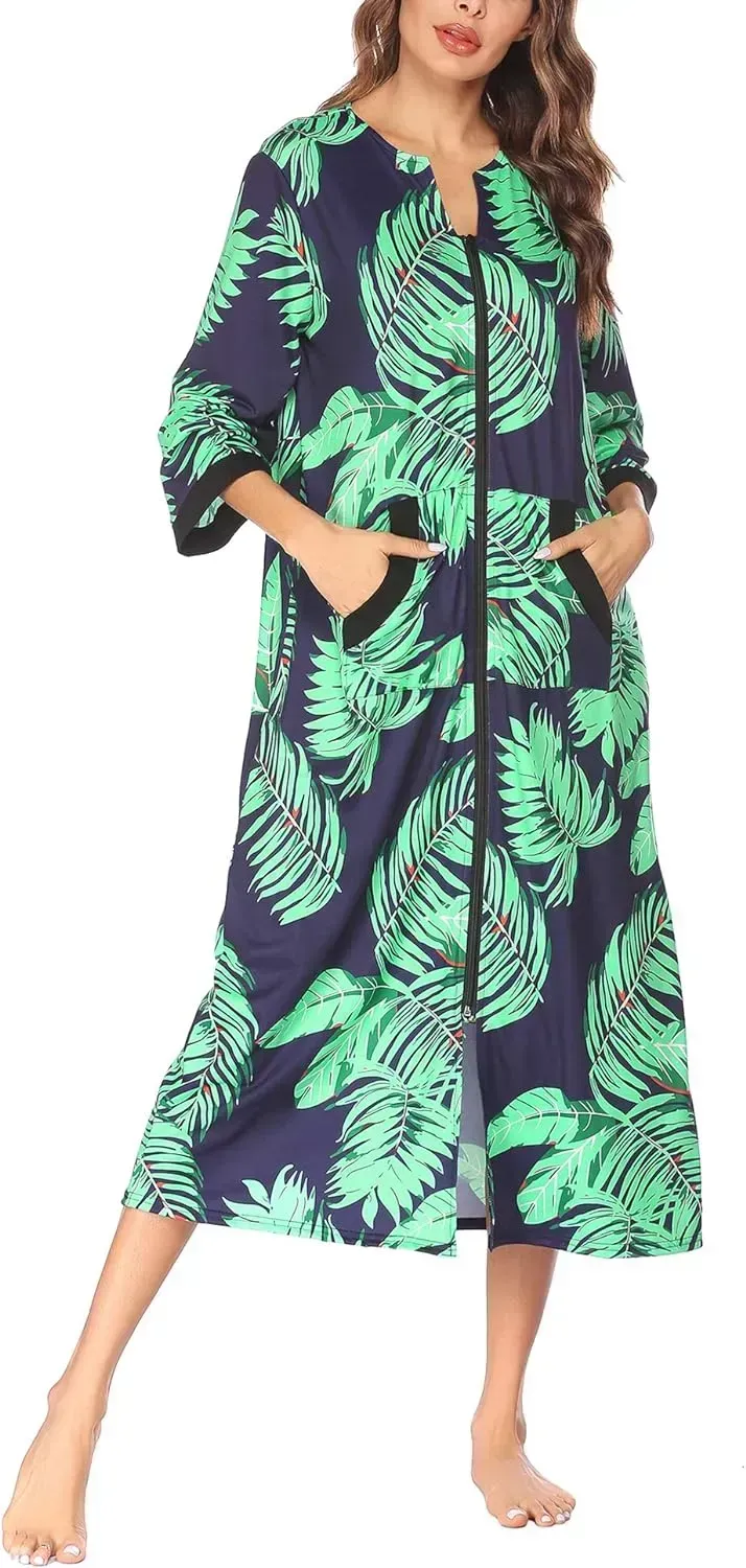 Women Zipper Robe 3/4 Sleeves Loungewear Dress Full Length Sleepwear Pockets Housecoat Nightgown Long Bathrobe