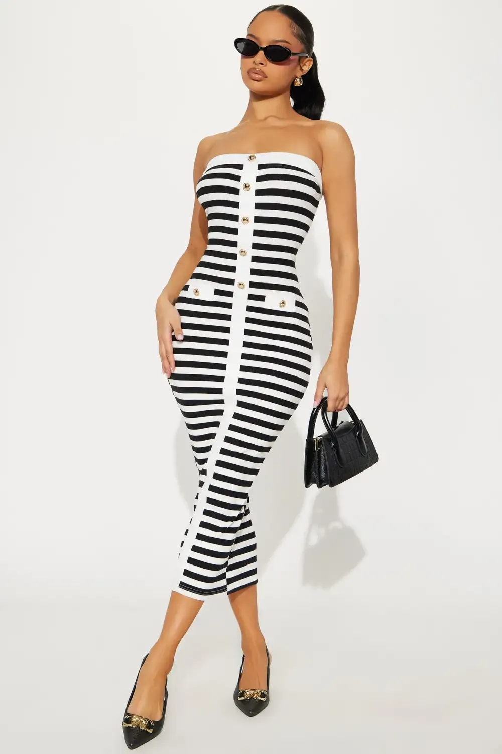 Bon Voyage Striped Midi Dress - Black/White