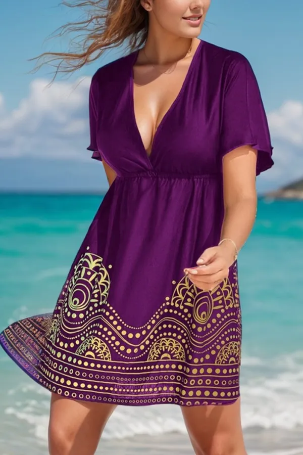 Purple Elastic Waistband V-Neck Cover Up Dress