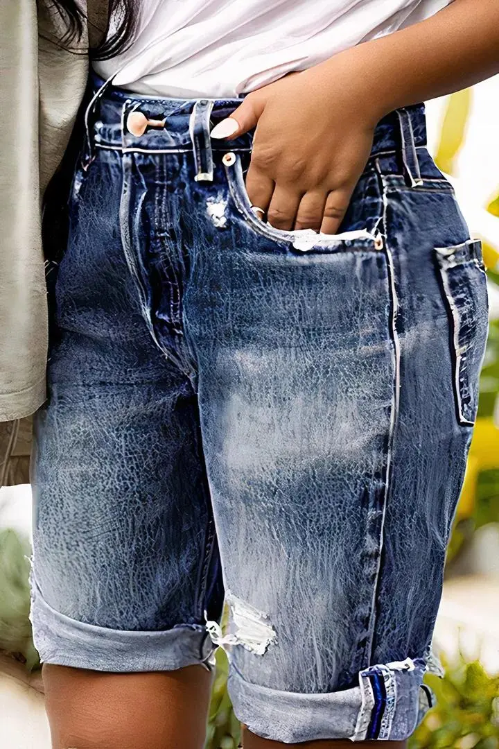 Ripped Roll Hem Mid Rise Denim Bermuda Shorts