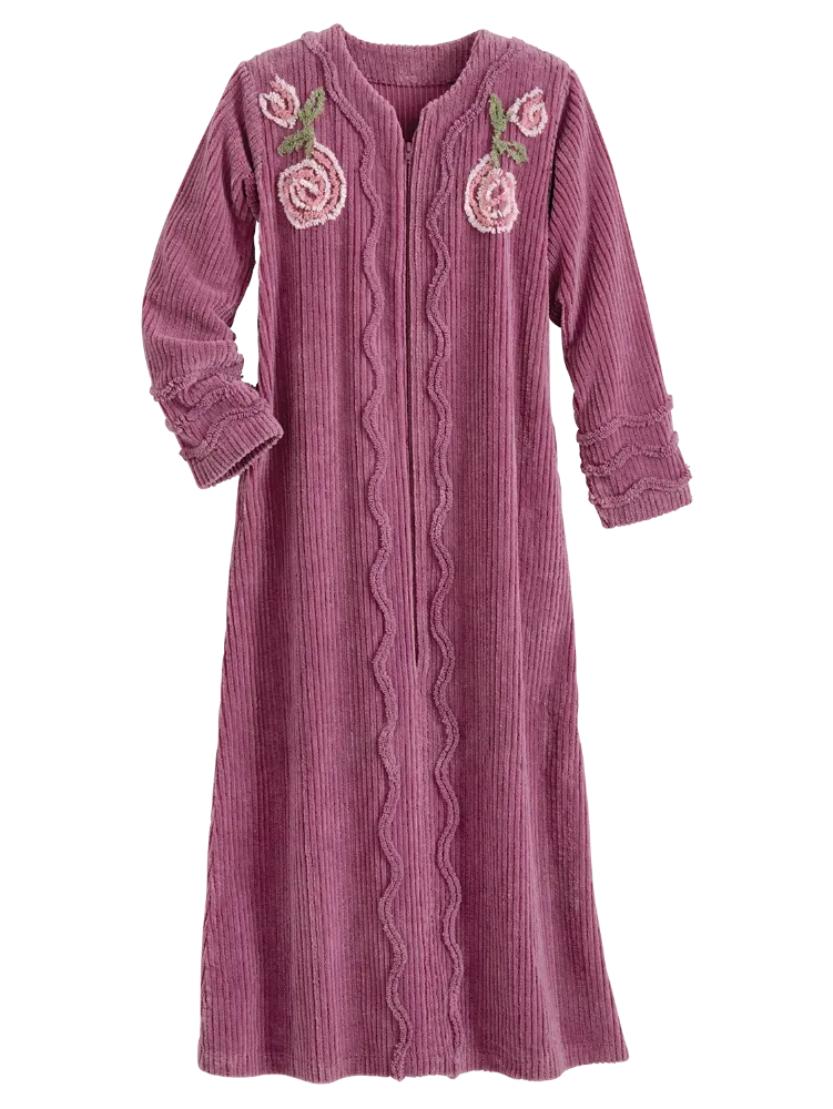 Women's Chenille Blossom 3/4 Zip-Front Robe