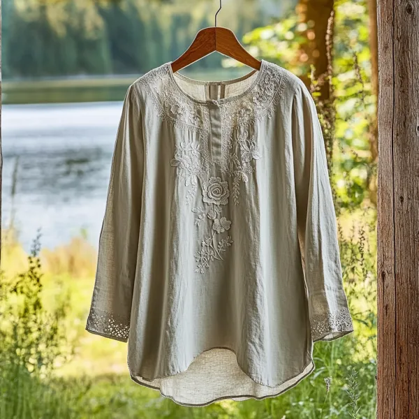 Women's Lace Cutout Rose Floral Design Linen Shirt