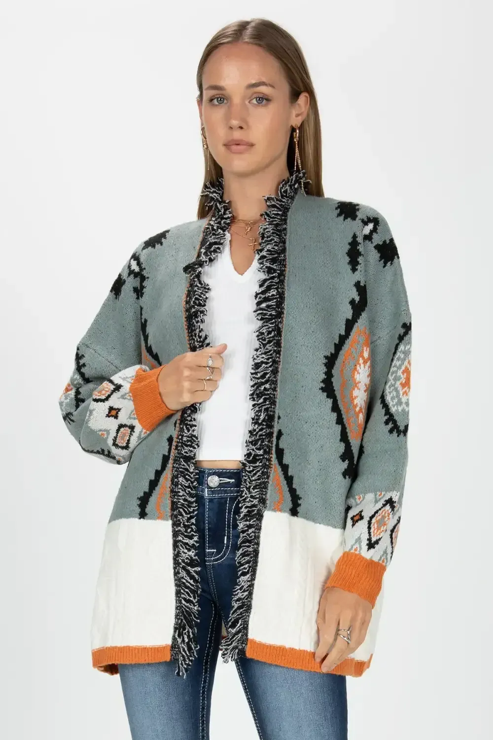 Sweater Block Open Front Aztec Cardigan
